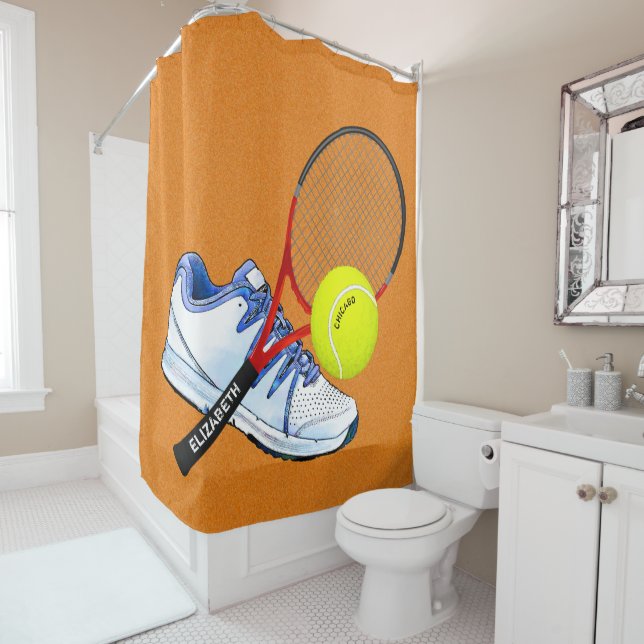 Tennis Shoe Ball And Racket With Your Custom Text Shower Curtain (In Situ)