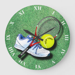 Tennis Shoe Ball Racket On Grass And Your Own Text Large Clock