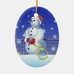 Tennis Snowman, Happy Holidays Ceramic Ornament