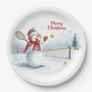 Tennis Snowman play tennis Christmas Holiday Paper Plate