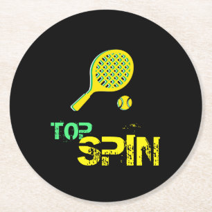 Tennis Sport Pop Art, Green & Yellow Racket & Ball Round Paper Coaster