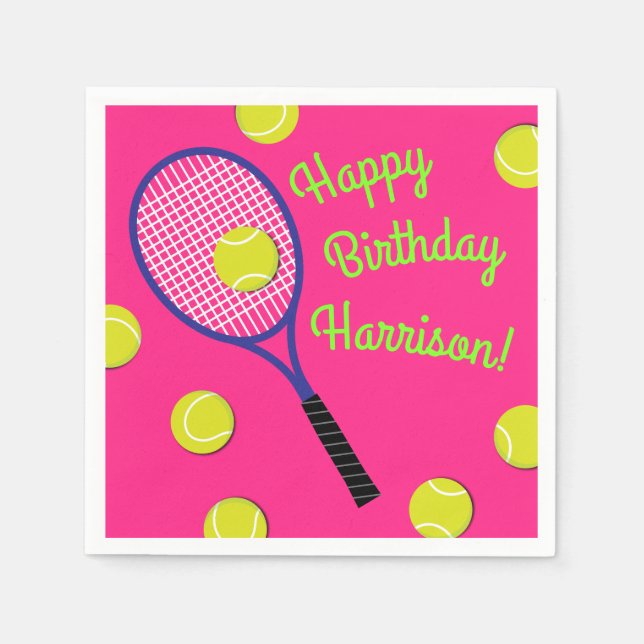 Tennis Sports Birthday Party Pink Napkin (Front)