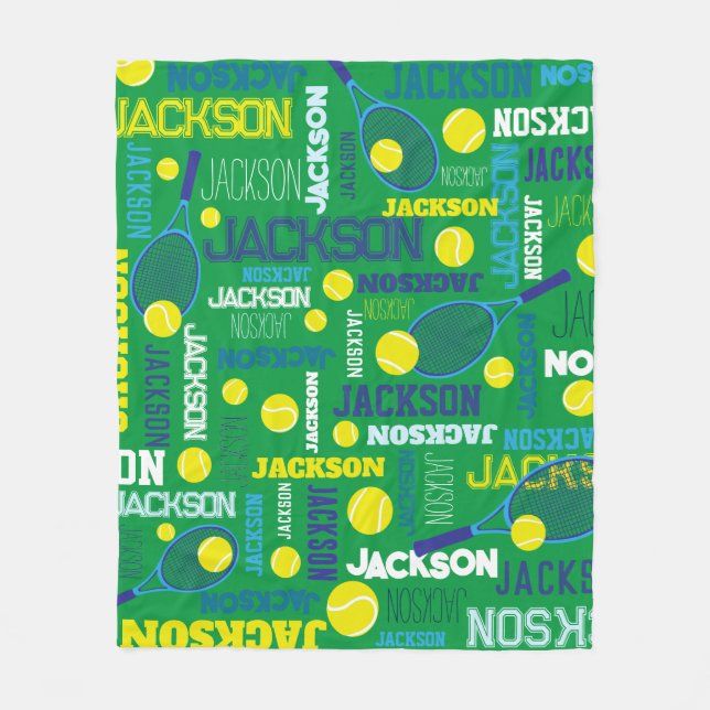 Tennis sports green white blue yellow custom name fleece blanket (Front)