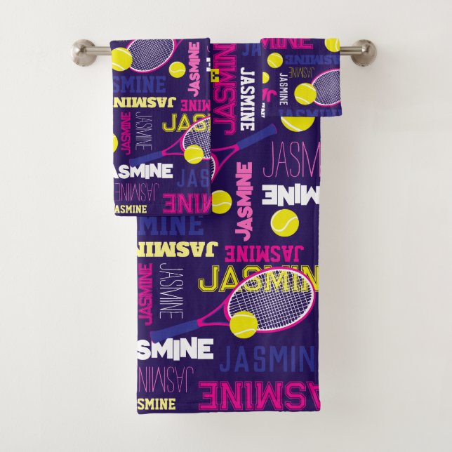 Tennis sports pink white blue yellow custom name bath towel set (Insitu)