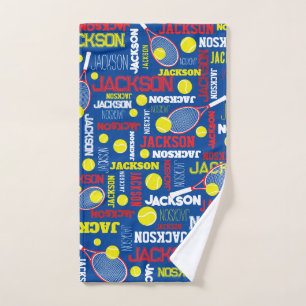 Tennis sports red white blue yellow custom name hand towel