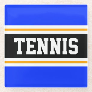 TENNIS Sporty Bright Blue Black Racing Stripes Glass Coaster