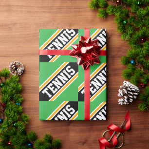 TENNIS Sporty Bright Green Black Orange Stripes Wrapping Paper