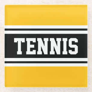 TENNIS Sporty Bright Yellow Black Racing Stripes Glass Coaster