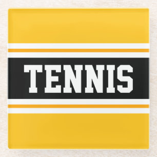 TENNIS Sporty Bright Yellow Black Racing Stripes Glass Coaster