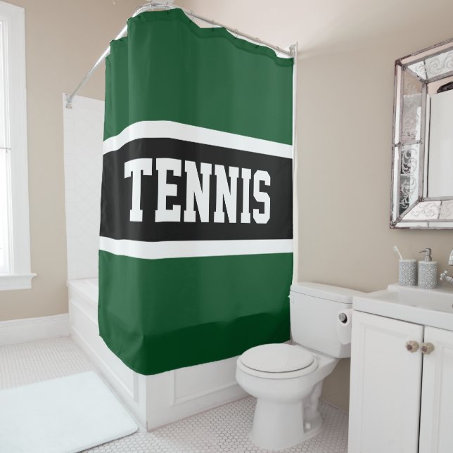 TENNIS Sporty Dark Green Black Athletic Stripes Shower Curtain (In Situ)