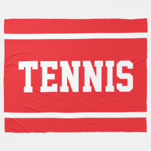 TENNIS Sporty Fun Bright Red White Text Stripes Fleece Blanket