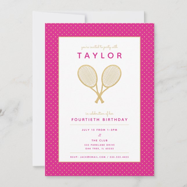 Tennis Star Chic Gold and Pink Party Invitation (Front)