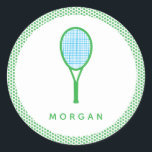 Tennis Star Classic Round Sticker<br><div class="desc">Seal your envelopes in style with these personalised stickers featuring a blue and green tennis racquet and tennis balls. Coordinates with the Tennis Star collection from Parcel Studios.</div>