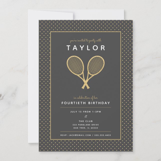 Tennis Star Sports Party in Gold and Grey Invitation (Front)