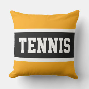 TENNIS Text Athletic Bright Yellow Black Stripes Cushion