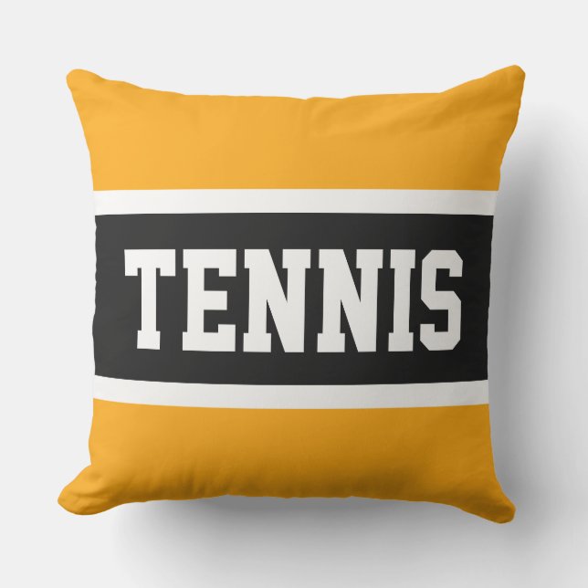TENNIS Text Athletic Bright Yellow Black Stripes Cushion (Front)
