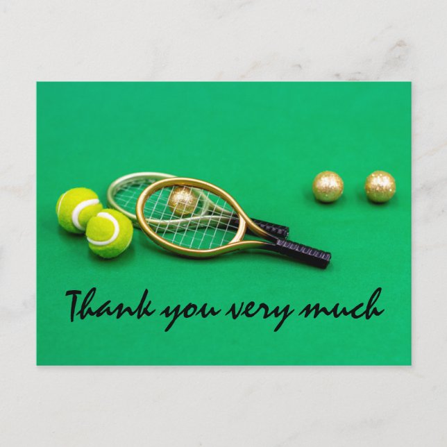 Tennis thank you card with ball  racket on green (Front)