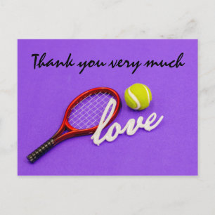 Tennis thank you card with ball racket on purple