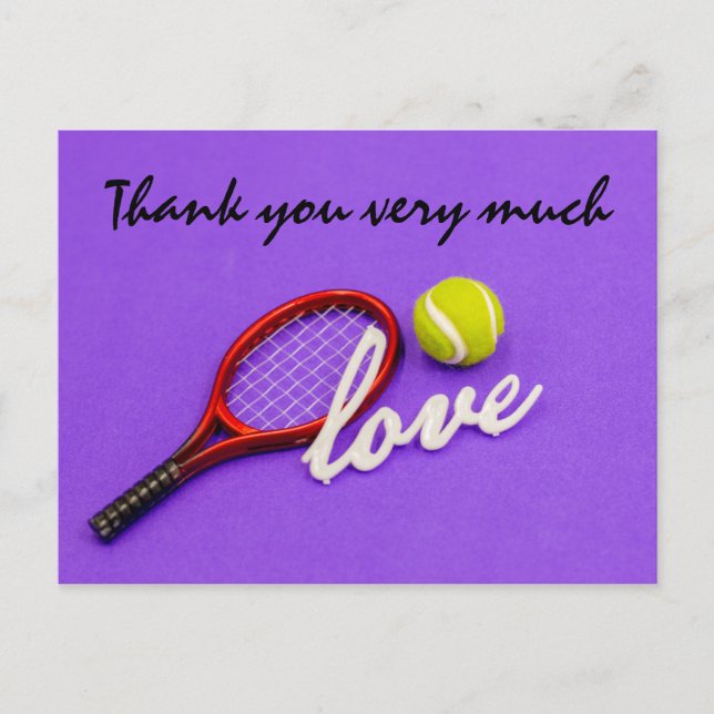 Tennis thank you card with ball  racket on purple (Front)