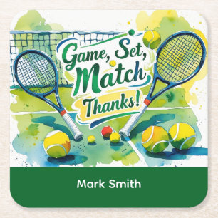 Tennis Thank you party with racket and ball Square Paper Coaster