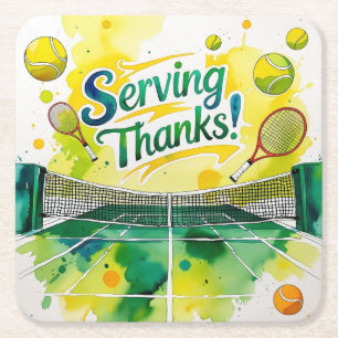 Tennis Thank you party with racket and ball Square Paper Coaster
