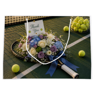 Tennis Thank you with racket and flowers Large Gift Bag