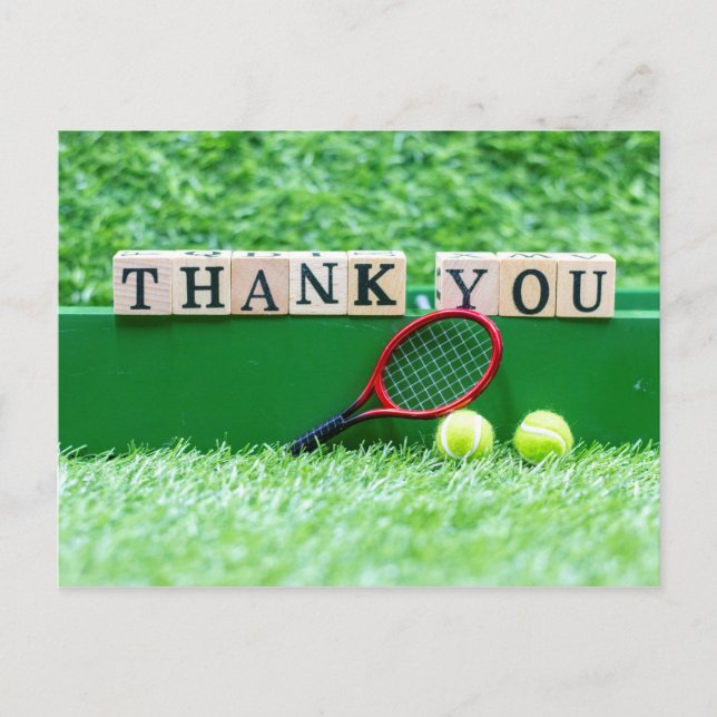 Tennis Thank you  wooden word with racket and ball Postcard (Front)