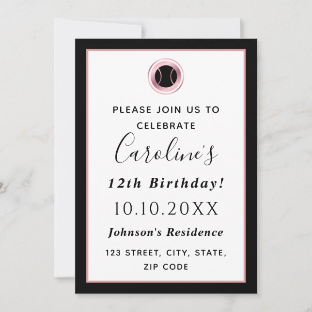 Tennis Theme Elegant Rose Gold & Black Sport Party Invitation (Front)