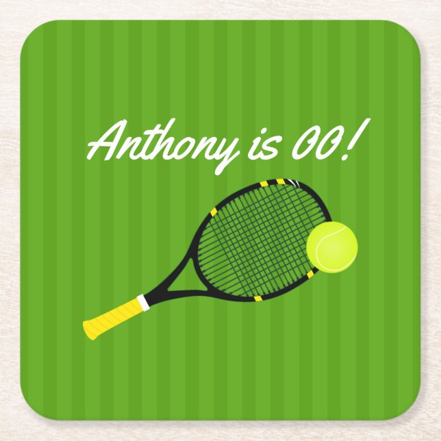 Tennis themed Birthday Party personalised Square Paper Coaster (Front)