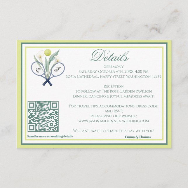 Tennis Themed Tenniscore Wedding Green Lime Colour Enclosure Card (Front)