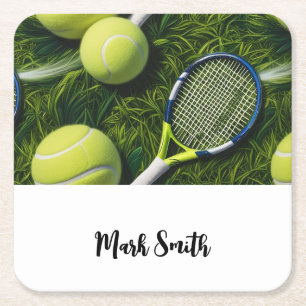 Tennis Themed with ball and racket Square Paper Coaster