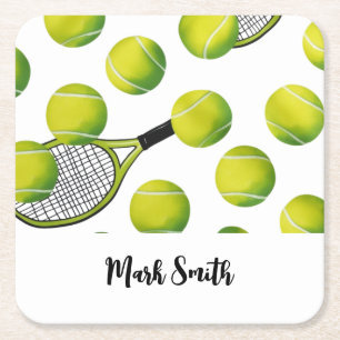 Tennis Themed with ball and racket  Square Paper Coaster