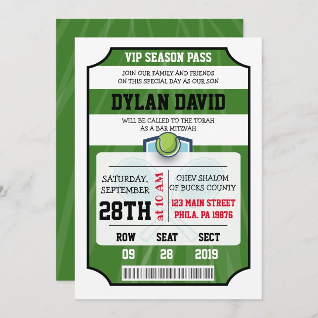 TENNIS VIP TICKET Bar Bat Mitzvah Invitation (Front/Back)