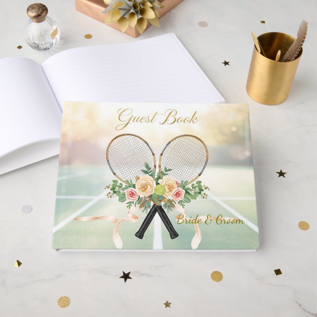 Tennis Wedding Guest Book – Floral Racket  (Front Open)