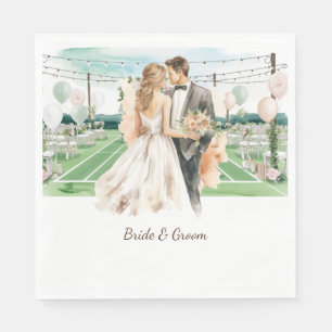 Tennis Wedding themed  Bride and groom on Court Napkin