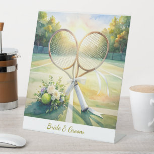 Tennis Wedding with racket on the court Pedestal Sign