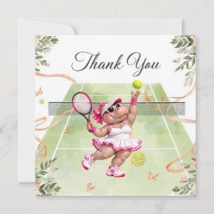 Tennis with racket and balls on green grass thank you card