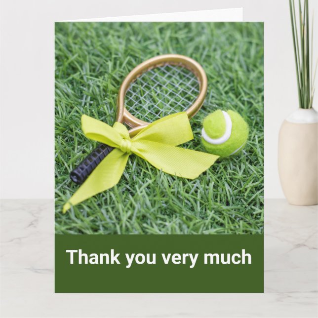 Tennis with racket and balls on green grass thank you card (Front)