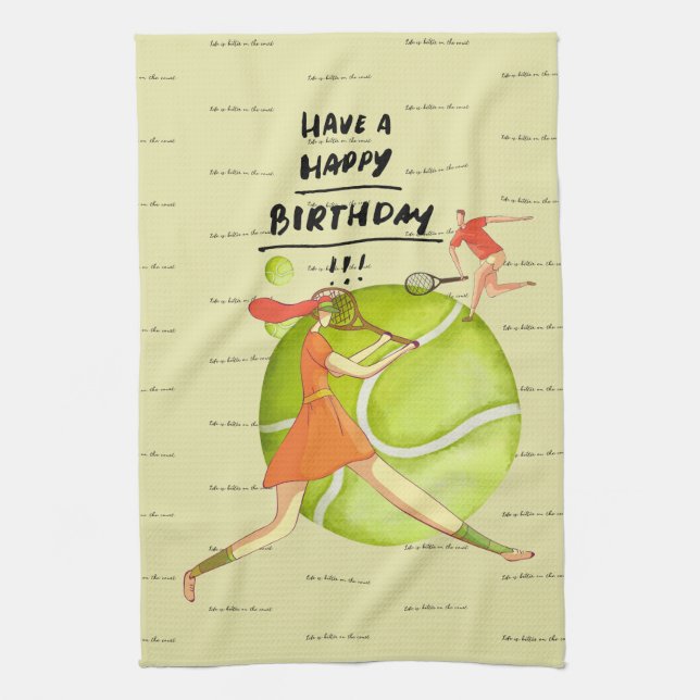 Tennis woman is playing Happy Birthday to Player  Tea Towel (Vertical)