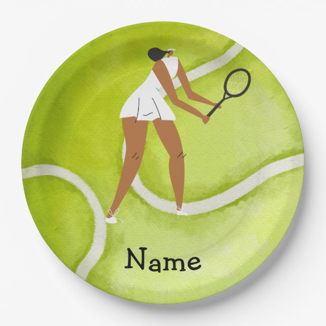 Tennis woman player on Tennis ball background   Paper Plate (Front)