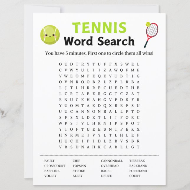 Tennis Word Search Game (Front)