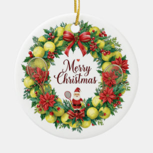 Tennis Wreath for Christmas with Santa Claus Ceramic Ornament