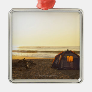 Tent and Burned out Campfire on the Beach. Metal Ornament