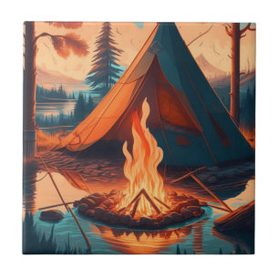 Tent and Campfire Vintage Colours Art Ceramic Tile
