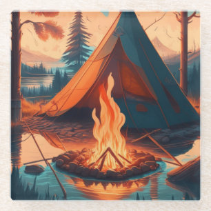 Tent and Campfire Vintage Colours Art Glass Coaster