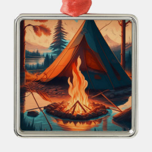 Tent and Campfire Vintage Colours Art Metal Ornament