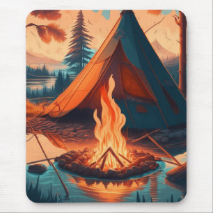 Tent and Campfire Vintage Colours Art Mouse Pad