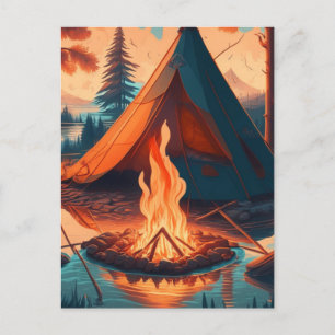 Tent and Campfire Vintage Colours Art Postcard