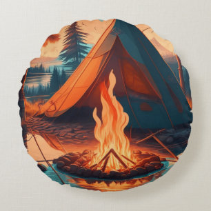 Tent and Campfire Vintage Colours Art Round Cushion