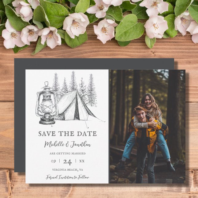 Tent and Woodland Sketch Camping Wedding Photo Save The Date (Creator Uploaded)